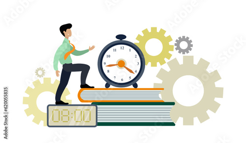 Man climbs ladder of books up. Worker performing duties on time, developing, learning and working. Time management concept, planning events on calendar. Vector illustration in flat design