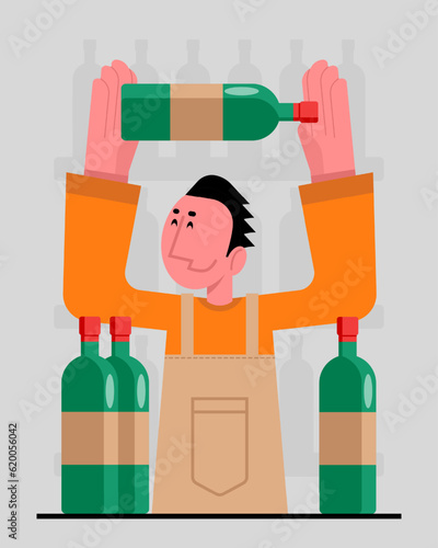 Young worker holding bottles with wine and checking quality. People engaged in manufacturing organic wine. Process of making alcohol drinks. Wine production sector. Vector flat illustration