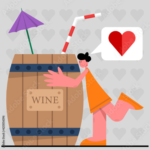 Young woman standing near big barrel with wine, liking drink. Making organic wine. Winemaking process with natural grapes. Time for taste alcohol drinks. Wine production industry. Vector illustration