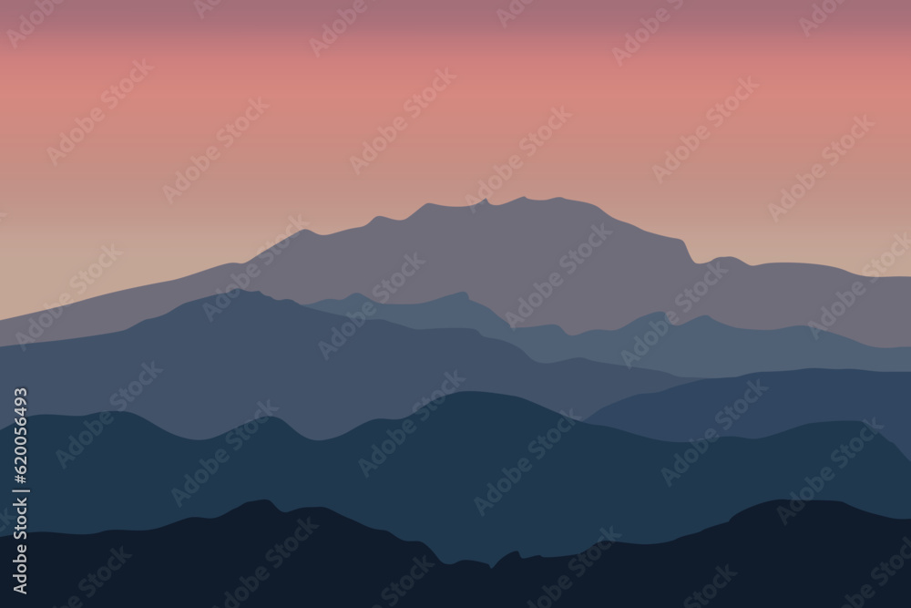 landscape with cold mountain silhouettes. Vector illustration in flat style.