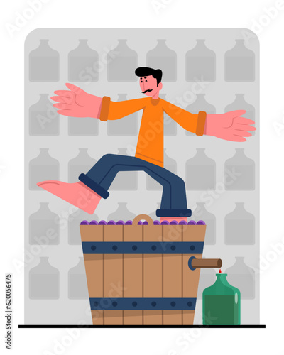 Man stands in barrel of berries and pressing grapes with legs. Making organic wine. Winemaking process with natural grapes. Time for taste alcohol drinks. Wine production industry. Vector illustration