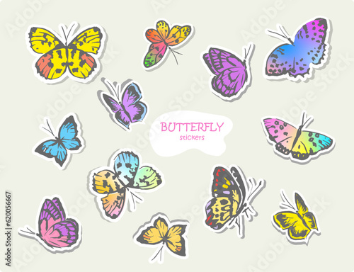 Butterflies,  cute stickers, colorful butterflies, butterflies illustration, doodle, decorations , insect illustration , cute  sticker set © Nina
