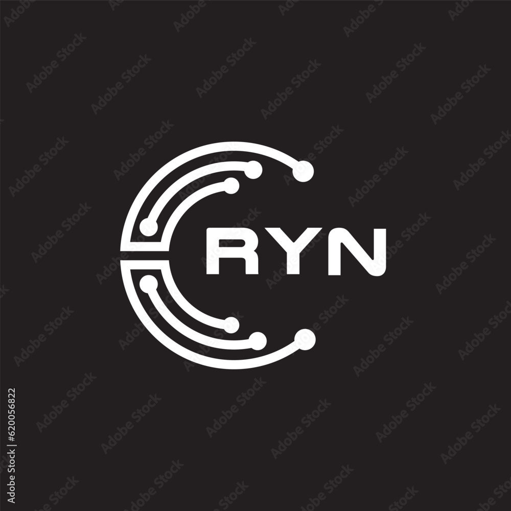 Obraz premium RYN letter technology logo design on black background. RYN creative initials letter IT logo concept. RYN setting shape design. 