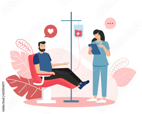 Nurse holding clipboard and making notes. Patient donating blood. Volunteering organization members. Lifesaving impact of blood. Vector flat illustration in red and blue colors