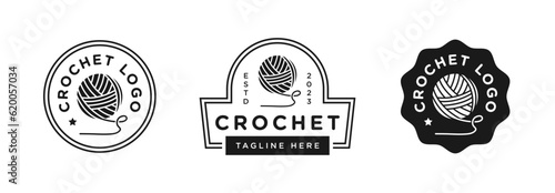 Set crochet logo with yarn ball knitting vector illustration silhouette isolated