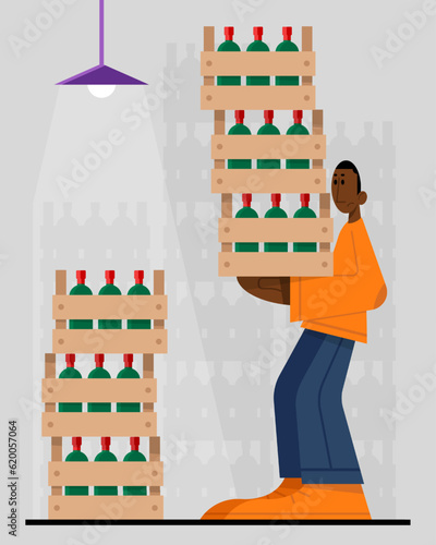 American worker holding boxes with bottles of wine. Time for winemaking process with organic grapes. Making alcohol drinks. Wine production industry. Vector flat illustration