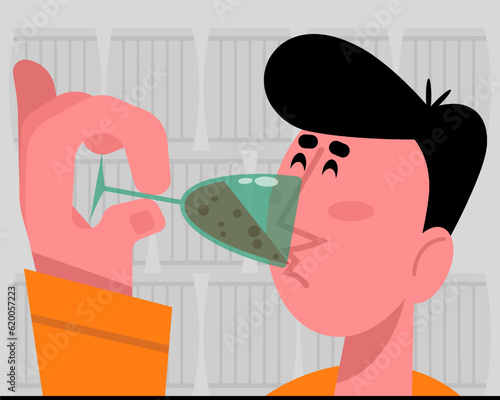 Young man holding glass with wine and drinking. Tasting organic wine. Winemaking process with natural grapes. Time for making alcohol drinks. Wine production industry. Vector flat