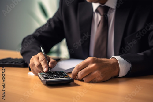 caucasian man writing computer calculator business office manager businessman sitting person. Generative AI.