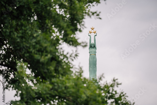 Riga, Latvia. Close Up Detail Of Famous Landmark - Memorial Freedom Monument At Freedom Square 