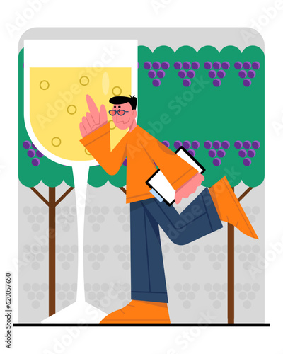Male standing near glass with wine and checking quality. Making organic wine. Winemaking process with natural grapes. Time for making alcohol drinks. Wine production industry. Vector flat