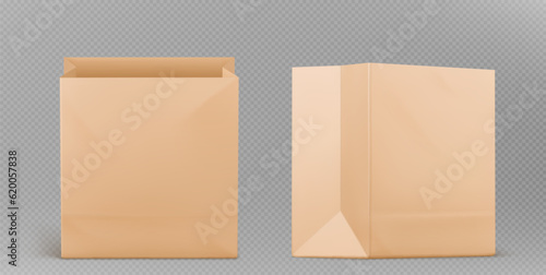 Realistic brown paper bag mockups isolated on transparent background. Vector illustration of open craft package with blank surface ready for branding, eco wrap for takeaway food, lunch meal, snack