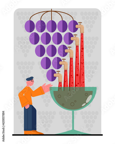 Male standing near glass with wine. Making and tasting organic drink. Winemaking process with natural grapes. Wine production industry. Vector illustration in purple and red colors