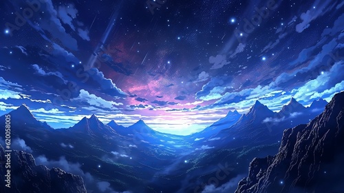 Starry Night Anime Scenery: Captivating 4K Digital artwork of a serene cosmic landscape, wallpaper, Generative AI