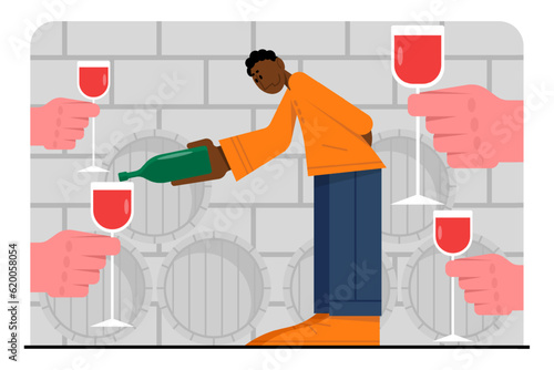 American waiter pouring wine to customers. Tasting wine from organic grapes. Serving alcohol drinks in restaurant. Vector flat illustration in orange colors