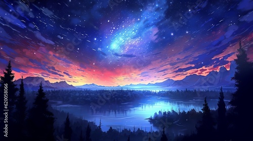 Celestial enchantment: 4K digital artwork invokes awe in anime starry night scene, wallpaper, Generative AI
