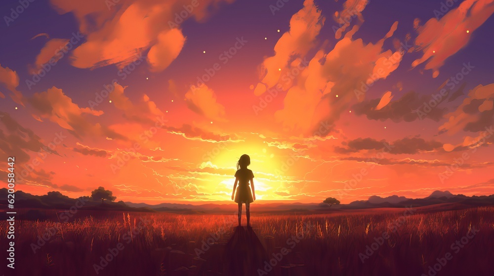 Silhouette of a girl on a sunset - Anime girl silhouette at sunset: breathtaking 4K digital artwork of grace and contemplation, wallpaper, Generative AI