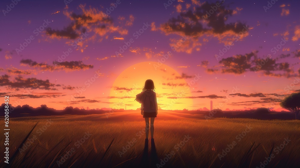Fototapeta premium Graceful anime girl silhouette at sunset: 4K digital artwork depicting contemplation and serenity - silhouette of a girl in a field, wallpaper, Generative AI