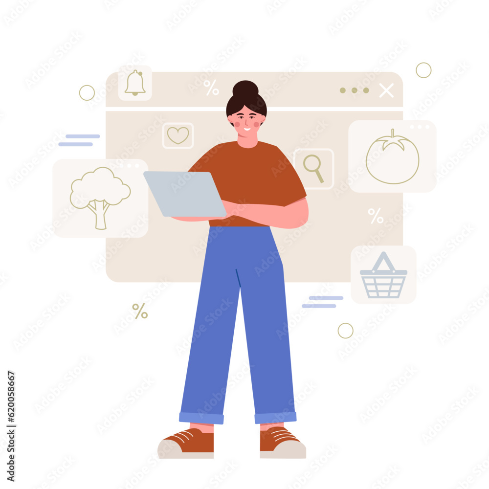 Woman with laptop ordering vegetables in online store. Buying new goods via Internet. Electronic commerce benefits. Age of digital environment. Vector flat illustration Woman with laptop ordering vegetables in online store. Buying new goods via Internet. Electronic commerce benefits. Age of digital environment. Vector flat illustration