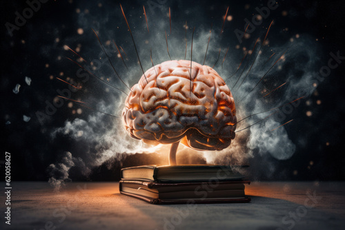 Immerse yourself in the world of literature and storytelling with a book featuring a glowing brain, representing the power of imagination and creativity. AI Generative.
