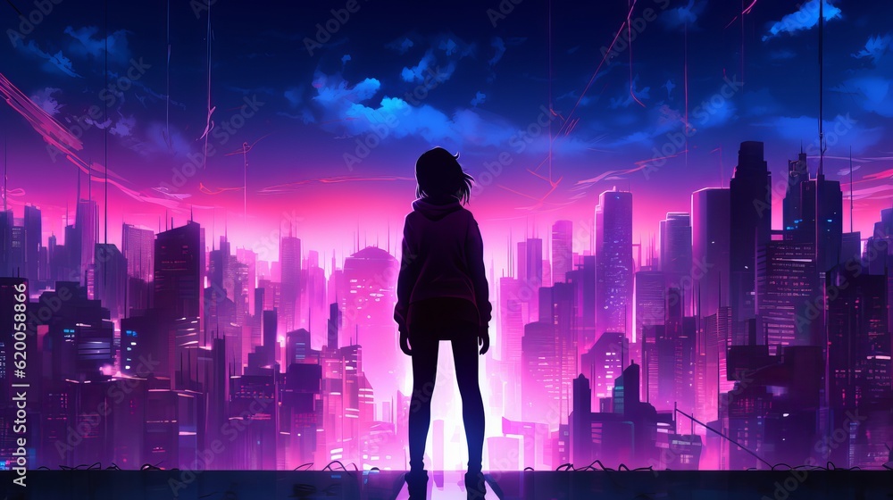 Futuristic city reverie: anime girl silhouette in captivating digital ...