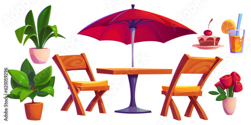 Outdoor cafe, patio or restaurant terrace with table and umbrella. Furniture for cafeteria on city street or park. Bistro with wooden chairs, table, plants and food, vector cartoon illustration
