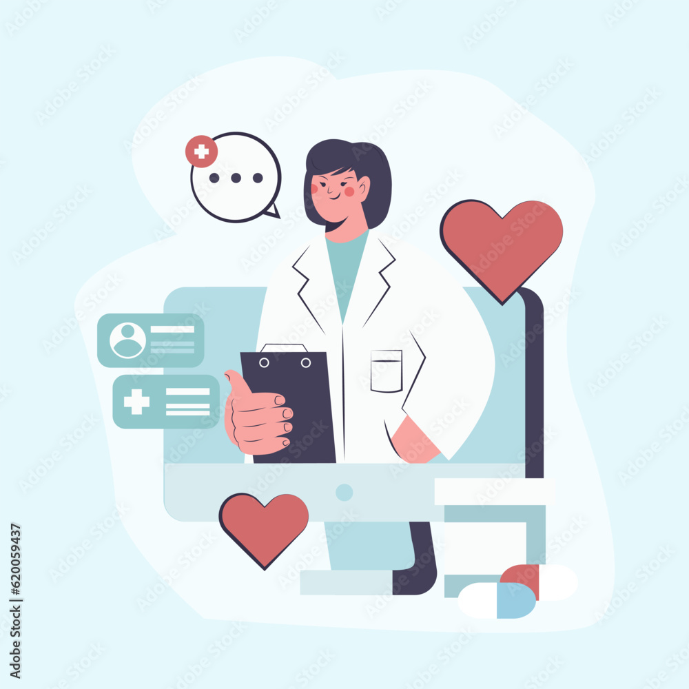 Nurse holding clipboard and chatting with client. Doctor at hospital reading patients EMR. Online consultation with specialist. Flat vector illustration in blue and red colors Nurse holding clipboard and chatting with client. Doctor at hospital reading patients EMR. Online consultation with specialist. Flat vector illustration in blue and red colors