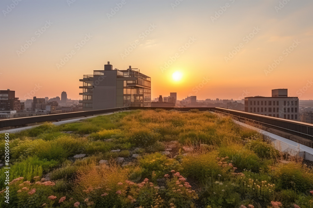 a green roof garden on a skyscraper in a big metropolis at sunset, generative AI