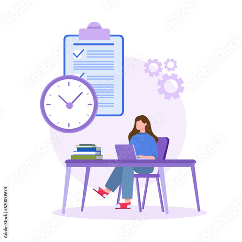Lady working on laptop, finishing tasks on checklist. Work in office, organizing schedule plan and calendar appointments. Vector illustration in flat design in purple colors