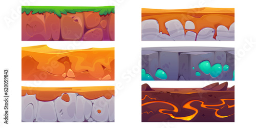 Soil ground seamless cartoon game land texture. Underground earth layer with grass, stone and lava vector surface 2d illustration. Nature interface design for floor pattern set with geology structure