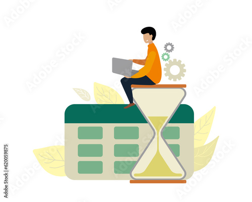Man sitting on hourglasses and working. Worker performing duties on time, developing, learning and working. Time management concept, planning events on calendar. Vector illustration in flat design