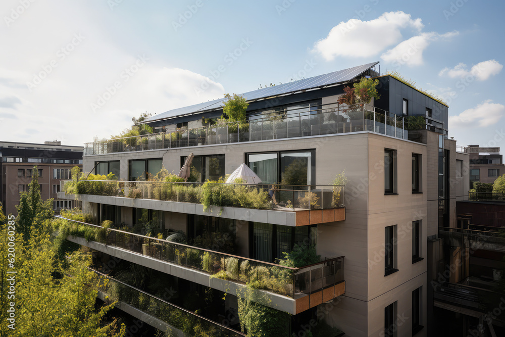 Photo of an apartment building with a flat roof on which a solar system is installed, generative AI