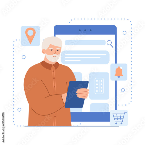 Adult male order medicine online, buying pills, using laptop. Health and medical concept. Order medical goods in internet. Digital services for old people. Flat vector illustration © ANDRII