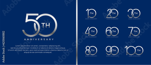 Foto set of anniversary logo silver color on blue background for celebration moment