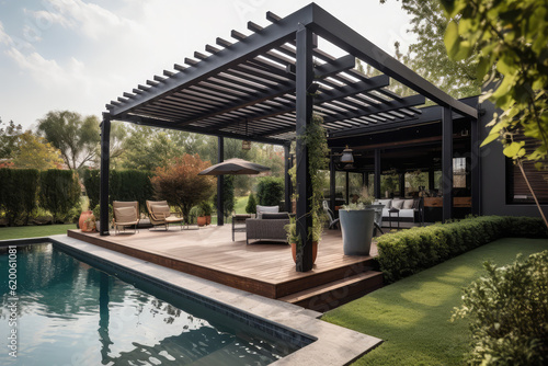 Trendy outdoor patio pergola shade structure, awning and patio roof, pool, garden lounge, chairs, metal grill surrounded by landscaping, generative AI © Kien