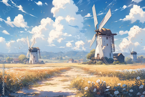 Rural landscape, windmills in the field. Anime illustration photo