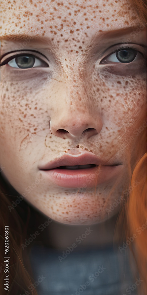 Portrait of a pretty freckled redheaded woman. Generative AI