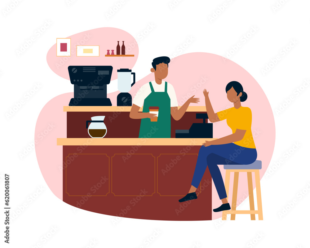 Lady sits near the bar and ordering drink in coffee shop. Experienced coffee shop workers serving clients. Process of making cappuccino at coffee shop. Small business owner. Vector flat illustration Lady sits near the bar and ordering drink in coffee shop. Experienced coffee shop workers serving clients. Process of making cappuccino at coffee shop. Small business owner. Vector flat illustration