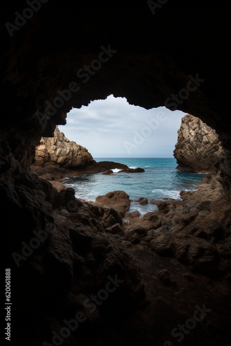 View from inside the sea cave generative AI © AlexandraDaryl