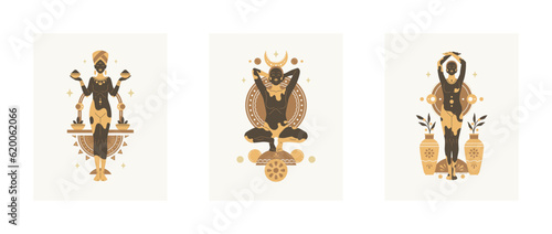 Magic African woman goddess spiritual esoteric harmony balance ritual poster set vector flat