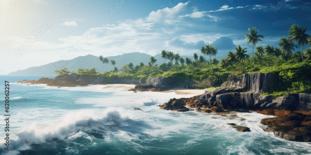 An Illustration of a Lush Tropical Coastline - Background Depicting Vibrant Flora and Crystal Clear Waters - Inviting the Viewer to Escape to Paradise - Wallpaper created with Generative AI Technology