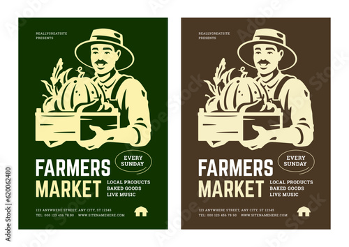 Farmers market local organic healthy food event fair announce vintage poster set isometric vector