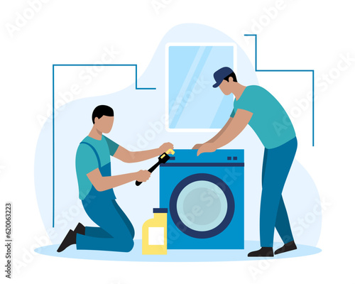 Repair workers in uniform stand near the washing machine and carry out inspection. Installing washing machine in new flat. Vector flat illustration in blue and yellow colors