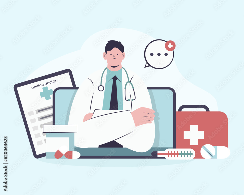 Portrait of professional doctor, ready for help to patient. Online consultations with medical specialist. Online medical services. Vector flat illustration in blue and red colors