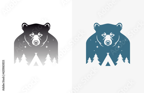 Bear night camping forest double exposure effect vintage design for t shirt print poster vector flat