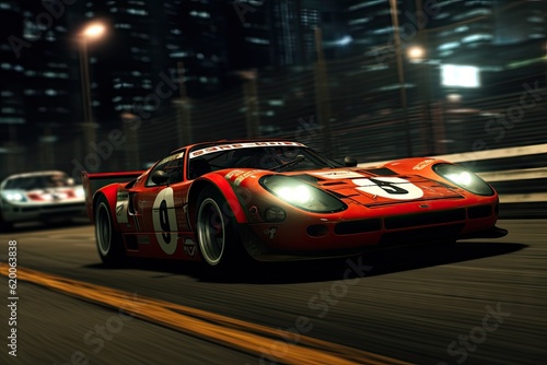 A Compelling Background Displaying High-Speed Racing Cars in a Night Time Game - Wallpaper crafted with Realism and Intricate Detailing created with Generative AI Technology
