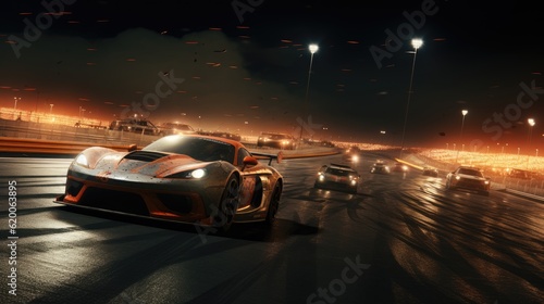 A Compelling Background Displaying High-Speed Racing Cars in a Night Time Game - Wallpaper crafted with Realism and Intricate Detailing created with Generative AI Technology © Sentoriak