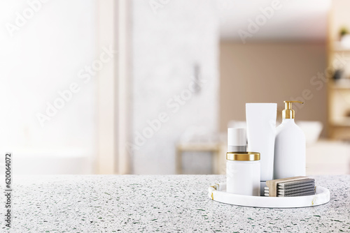 Front view of empty stone table top in bathroom interior with blurred background and white bathroom accessories  product presentation concept  mockup. 3D rendering