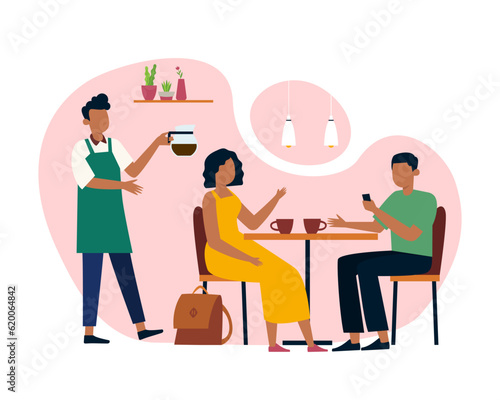 Female sitting at table with man and drinking coffee, waiter brings drink. Experienced coffee shop workers serving clients. Process of making cappuccino at coffee shop. Vector flat illustration