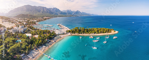 Obraz na plátně the essence of Kemer resort town, Turkey's coastal charm with our breathtaking aerial image showcasing its scenic landscapes and vibrant blue waters