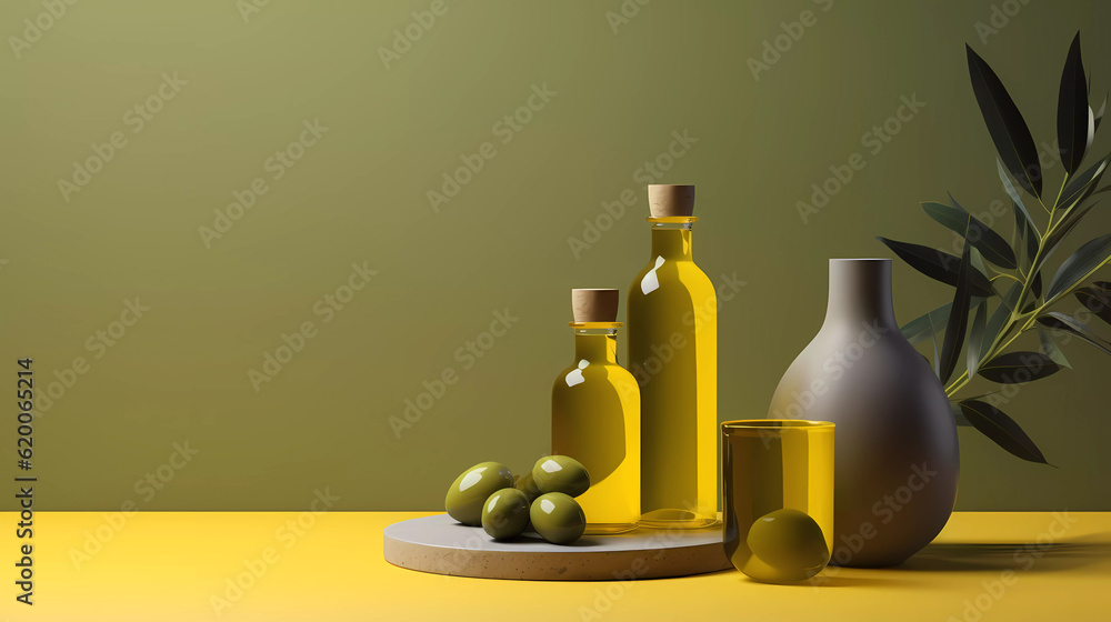 Olive oil concept on empty background with matte color Olive oil concept on empty background with matte color